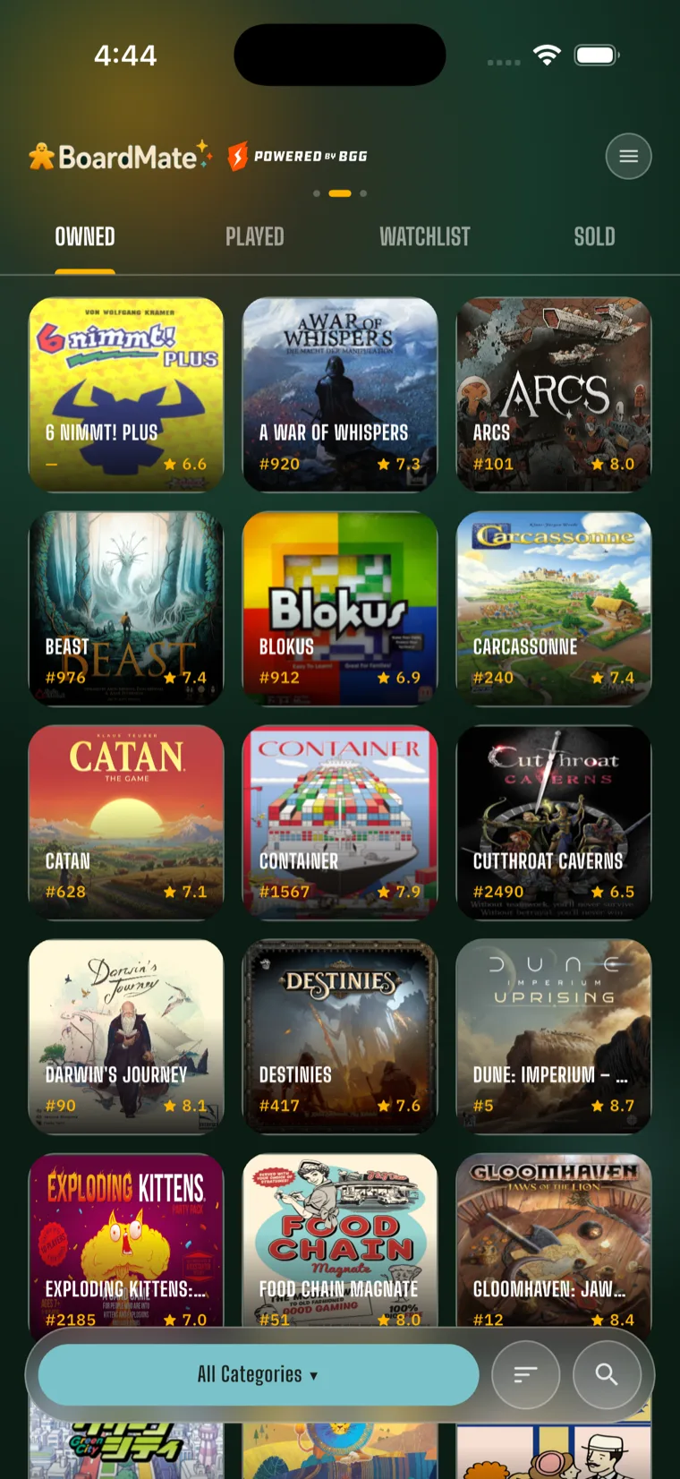 BoardMate's collection grid — owned games shown with their BGG cover art, rank and rating.